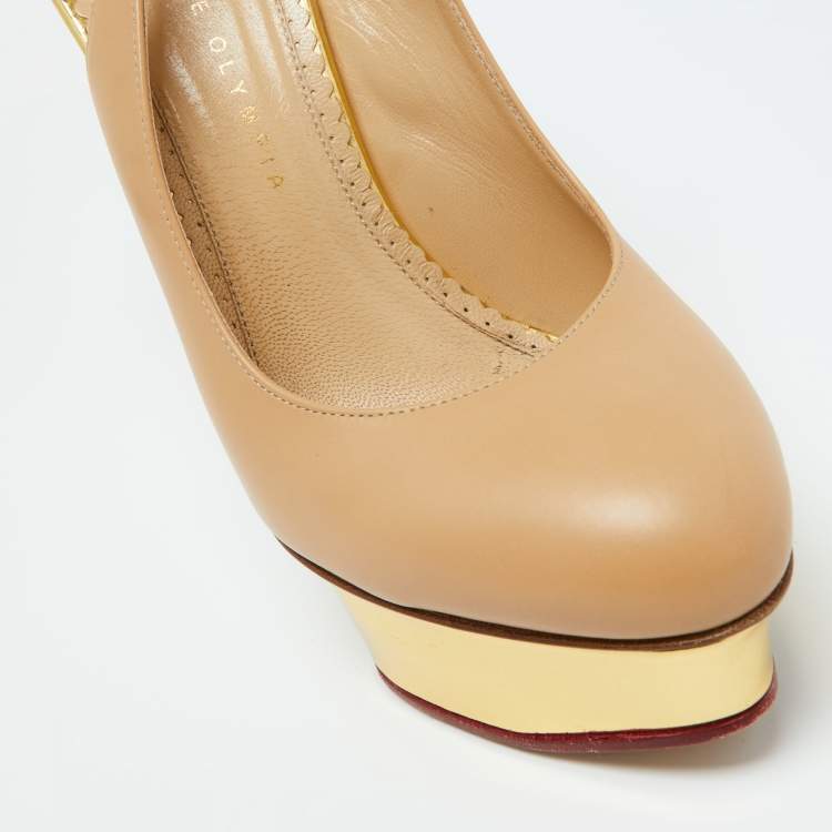 Pre Owned Charlotte Olympia Beige Leather Dolly Platform Slingback Pumps Size 38.5