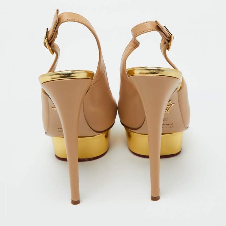 Pre Owned Charlotte Olympia Beige Leather Dolly Platform Slingback Pumps Size 38.5