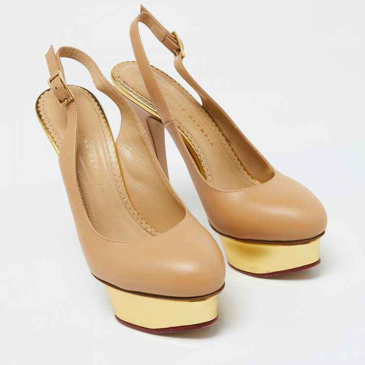 Pre Owned Charlotte Olympia Beige Leather Dolly Platform Slingback Pumps Size 38.5