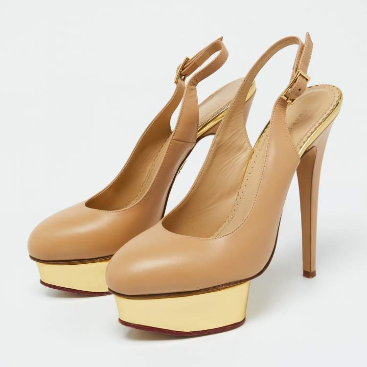 Pre Owned Charlotte Olympia Beige Leather Dolly Platform Slingback Pumps Size 38.5