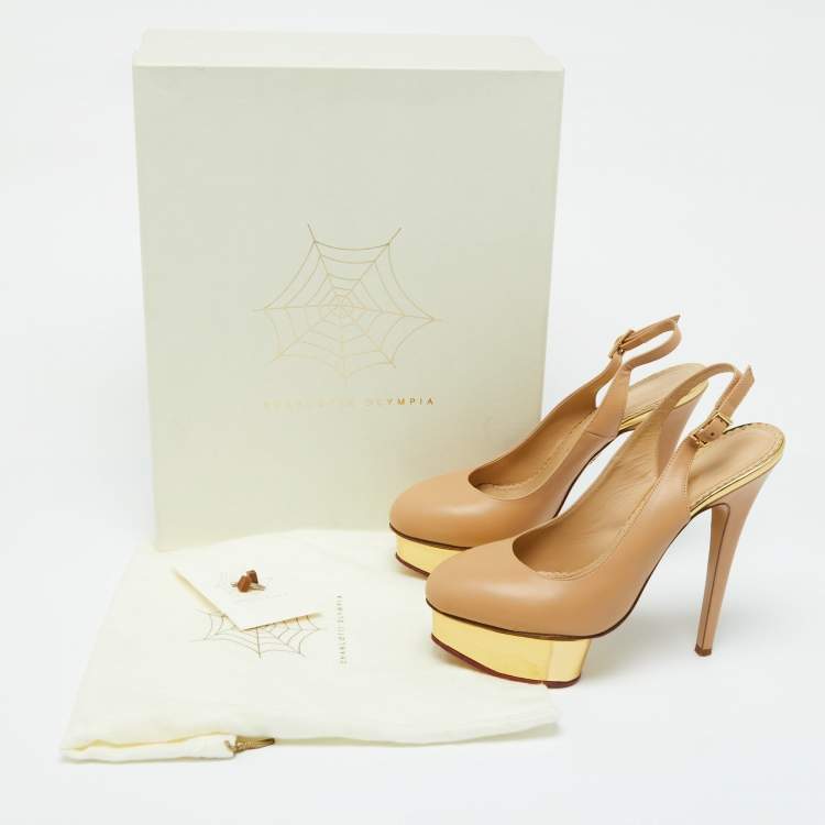 Pre Owned Charlotte Olympia Beige Leather Dolly Platform Slingback Pumps Size 38.5