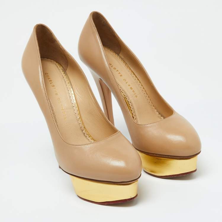 Pre Owned Charlotte Olympia Beige Leather Dolly Platform Pumps Size 39.5
