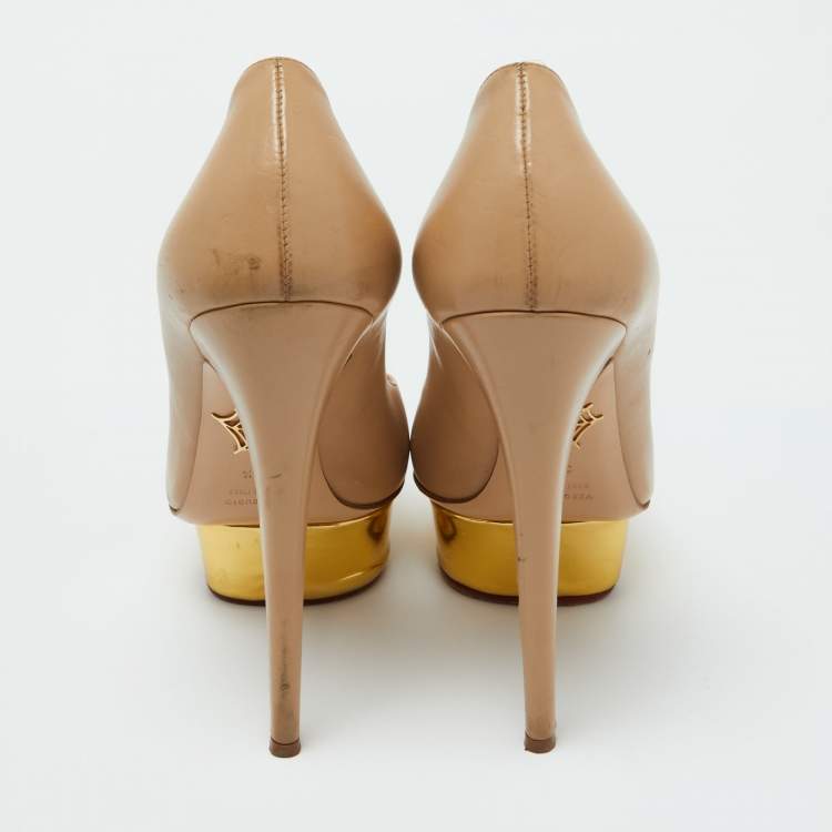 Pre Owned Charlotte Olympia Beige Leather Dolly Platform Pumps Size 39.5