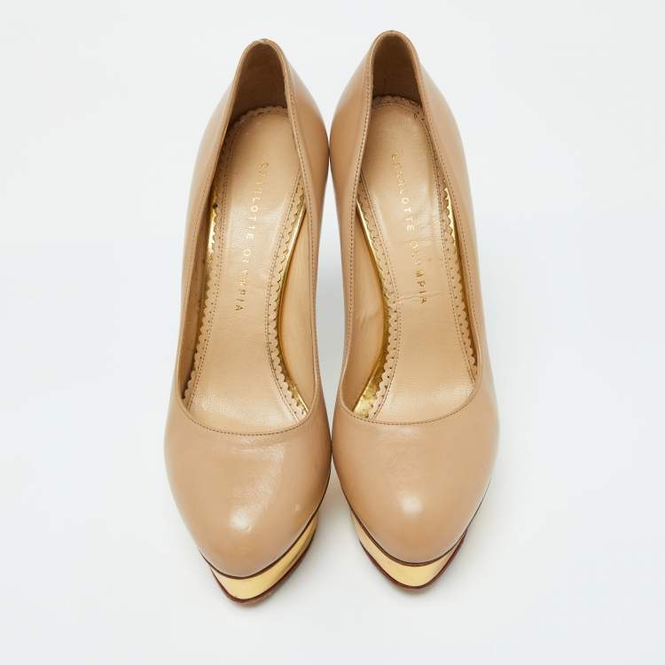 Pre Owned Charlotte Olympia Beige Leather Dolly Platform Pumps Size 39.5