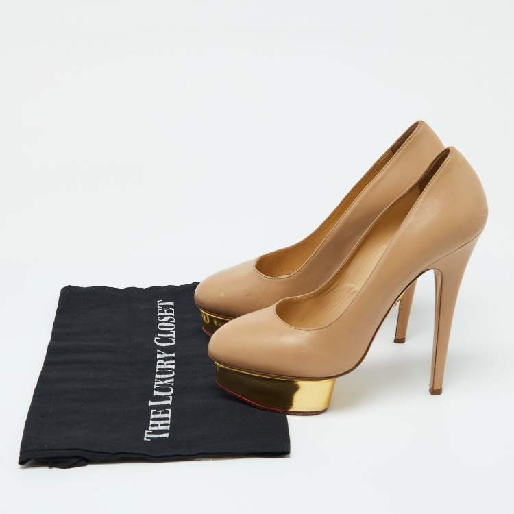 Pre Owned Charlotte Olympia Beige Leather Dolly Platform Pumps Size 39.5