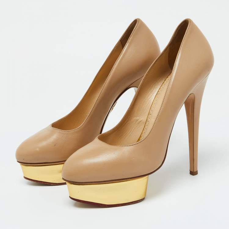 Pre Owned Charlotte Olympia Beige Leather Dolly Platform Pumps Size 39.5