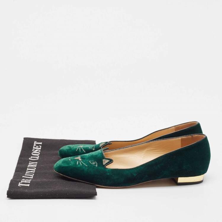 Pre Owned Charlotte Olympia Dark Green Velvet Kitty Ballet Flats Size 41