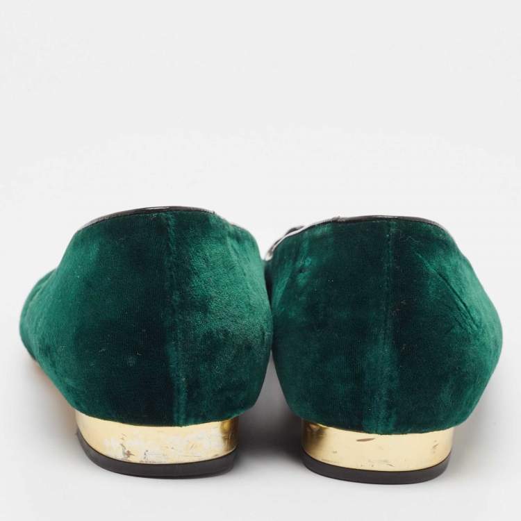 Pre Owned Charlotte Olympia Dark Green Velvet Kitty Ballet Flats Size 41
