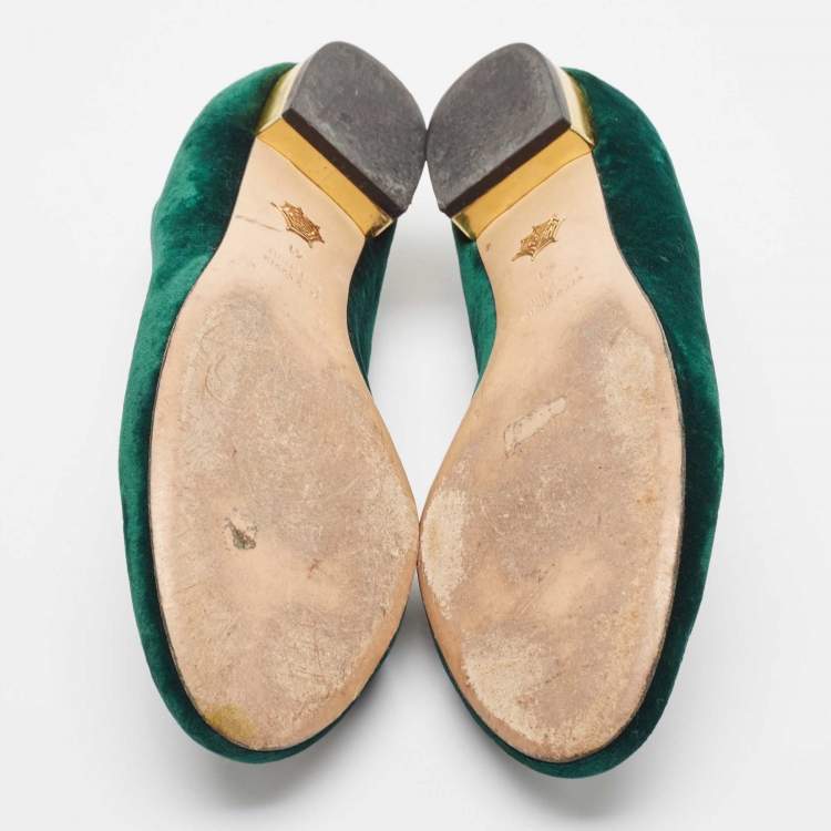 Pre Owned Charlotte Olympia Dark Green Velvet Kitty Ballet Flats Size 41