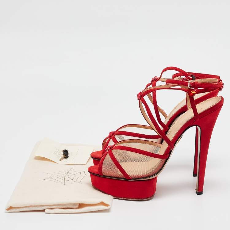 Pre Owned Charlotte Olympia Red Suede and Mesh Crystal Isadora Sandals Size 40