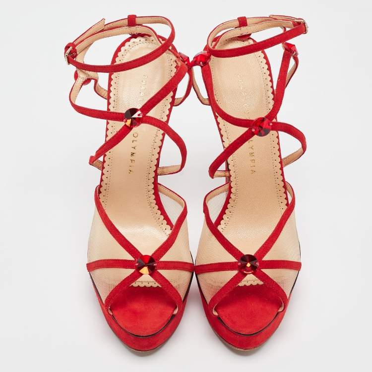 Pre Owned Charlotte Olympia Red Suede and Mesh Crystal Isadora Sandals Size 40