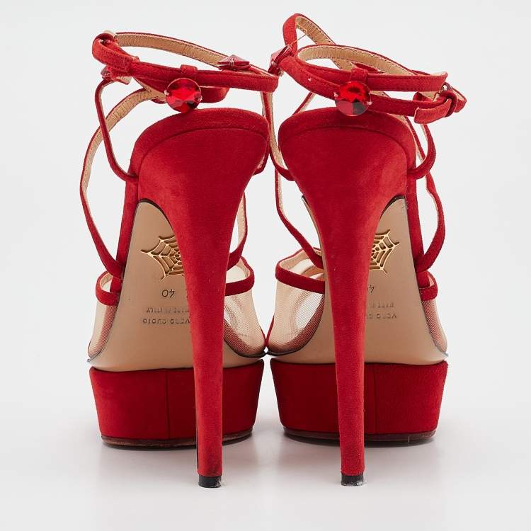 Pre Owned Charlotte Olympia Red Suede and Mesh Crystal Isadora Sandals Size 40