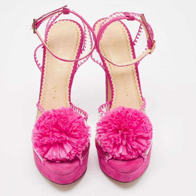 Pre Owned Charlotte Olympia Pink PVC and Suede Pomeline Ankle Strap Sandals Size 37.5