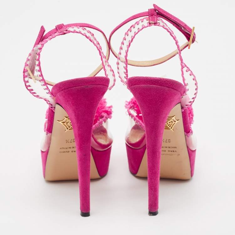 Pre Owned Charlotte Olympia Pink PVC and Suede Pomeline Ankle Strap Sandals Size 37.5