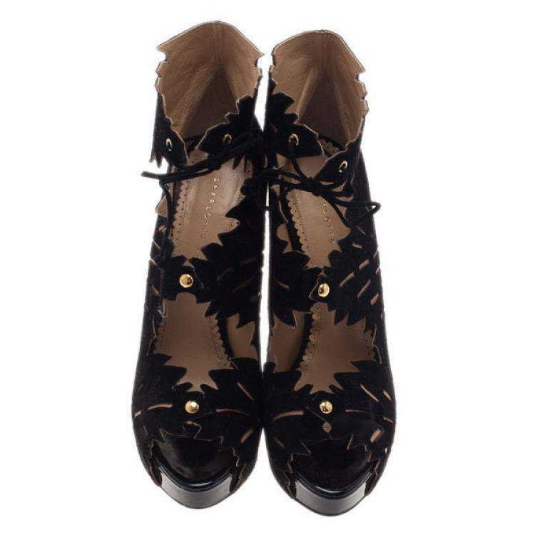 Pre Owned Charlotte Olympia Black Suede Eve Leaf Cutout Ankle Booties Size 40.5