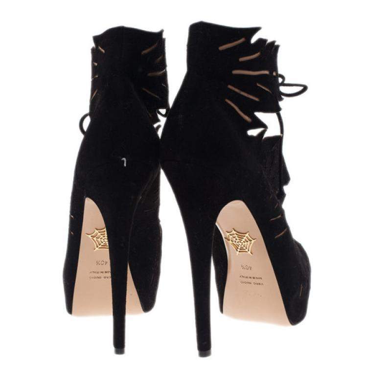 Pre Owned Charlotte Olympia Black Suede Eve Leaf Cutout Ankle Booties Size 40.5