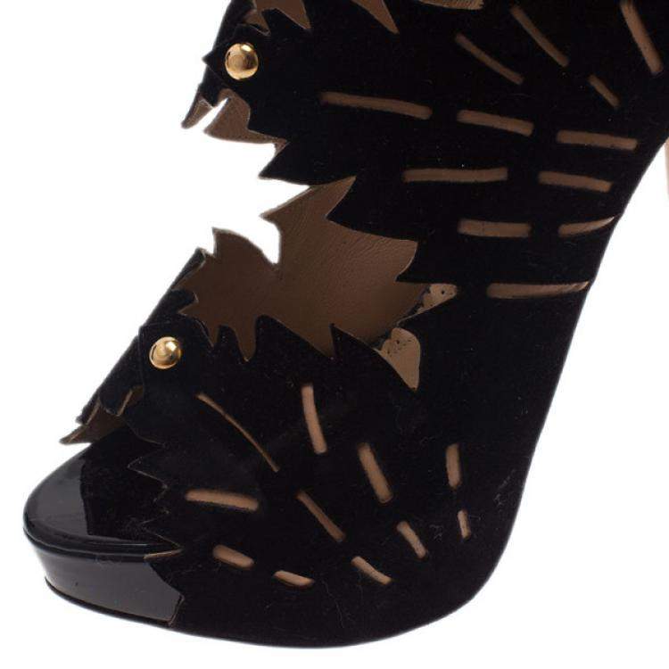 Pre Owned Charlotte Olympia Black Suede Eve Leaf Cutout Ankle Booties Size 40.5