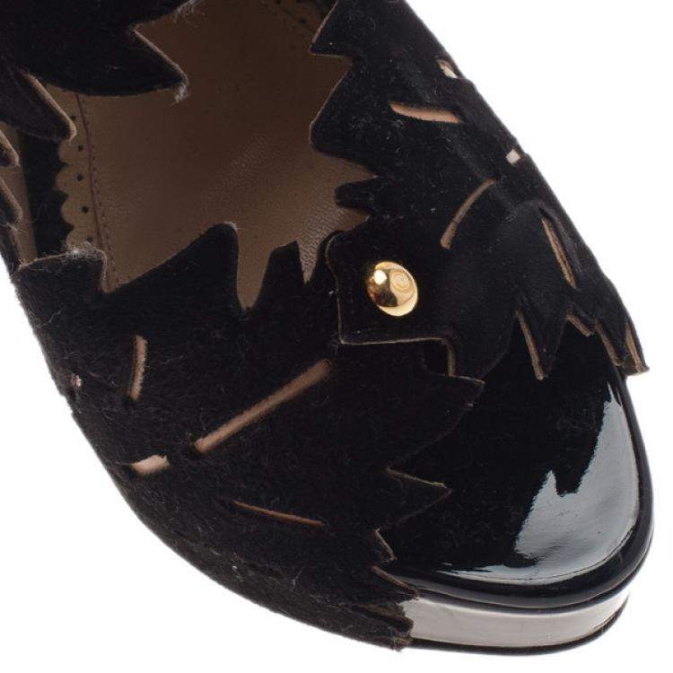 Pre Owned Charlotte Olympia Black Suede Eve Leaf Cutout Ankle Booties Size 40.5