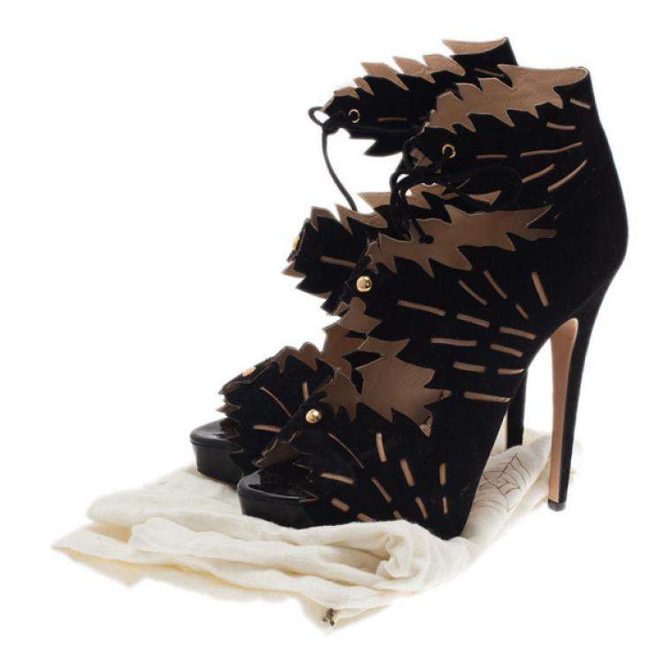 Pre Owned Charlotte Olympia Black Suede Eve Leaf Cutout Ankle Booties Size 40.5