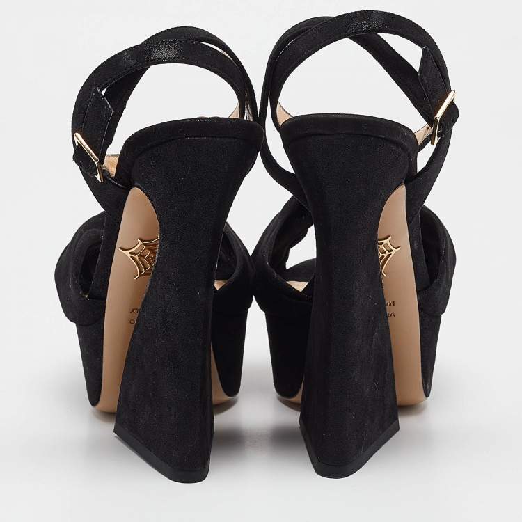 Pre Owned Charlotte Olympia Black Iridiscent Suede Vreeland Sandals Size 38
