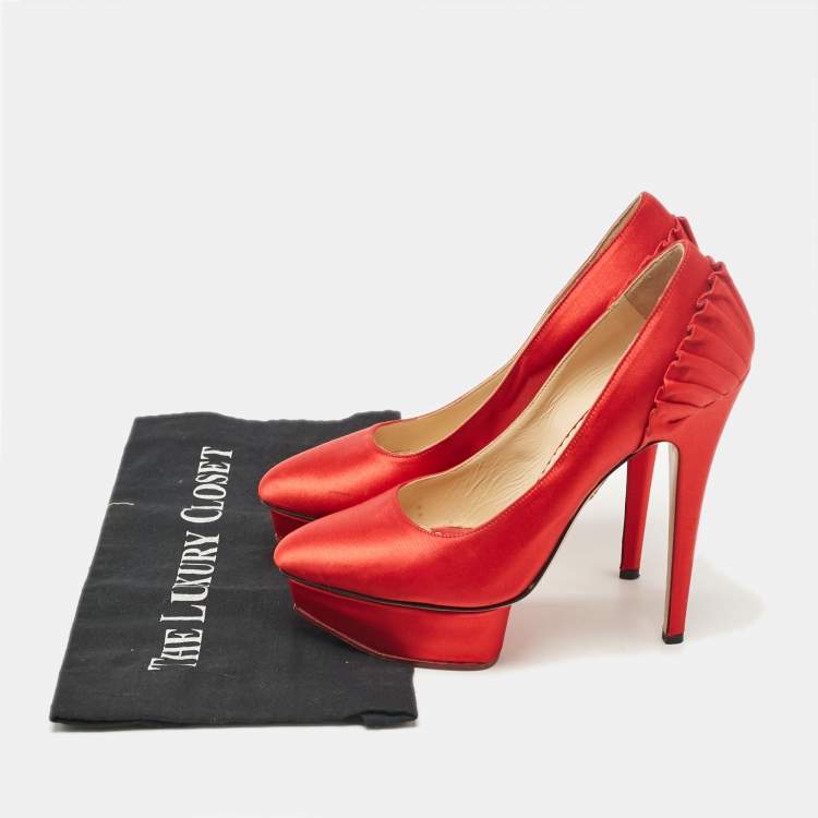 Pre Owned Charlotte Olympia Red Satin Paloma Platform Pumps Size 37.5