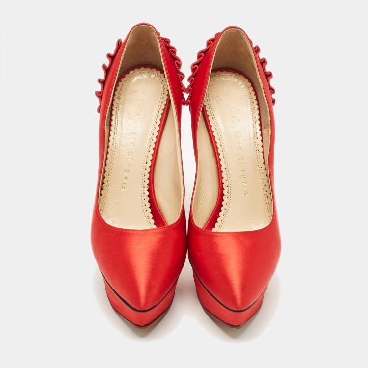 Pre Owned Charlotte Olympia Red Satin Paloma Platform Pumps Size 37.5