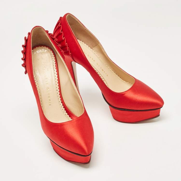 Pre Owned Charlotte Olympia Red Satin Paloma Platform Pumps Size 37.5