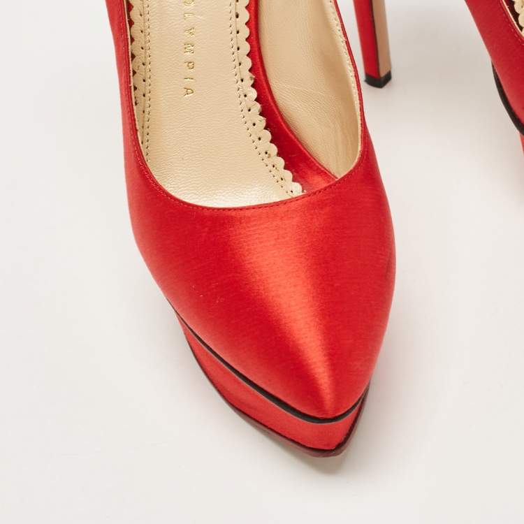 Pre Owned Charlotte Olympia Red Satin Paloma Platform Pumps Size 37.5