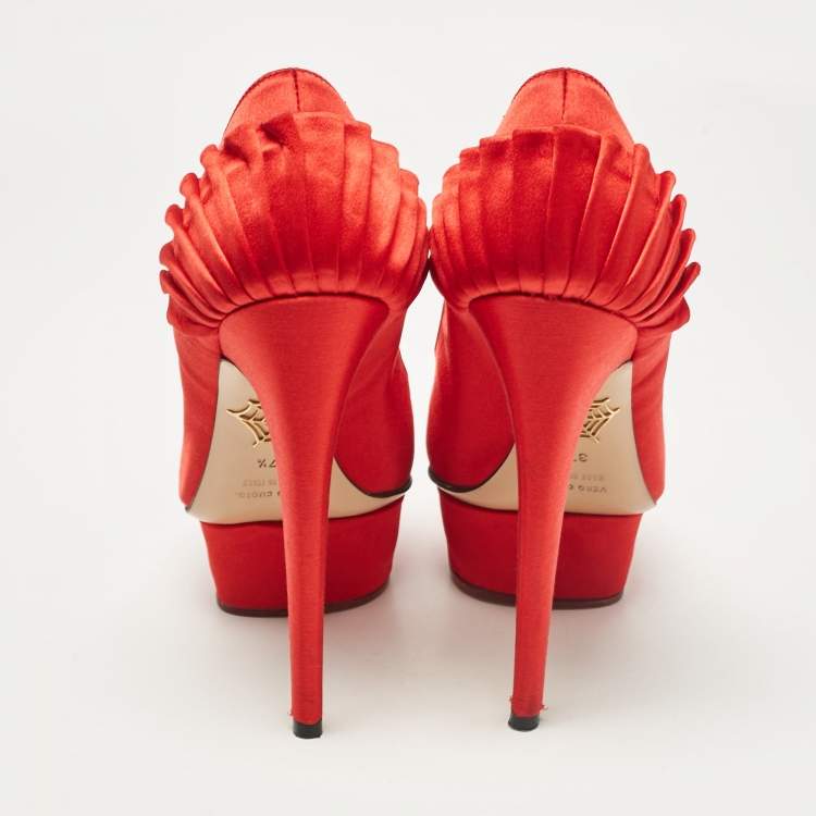 Pre Owned Charlotte Olympia Red Satin Paloma Platform Pumps Size 37.5