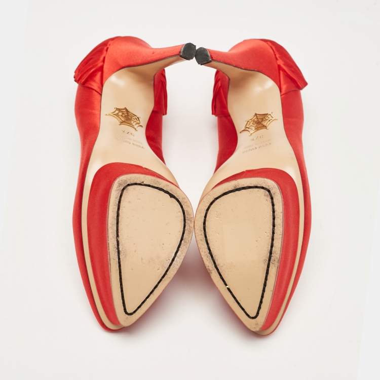 Pre Owned Charlotte Olympia Red Satin Paloma Platform Pumps Size 37.5