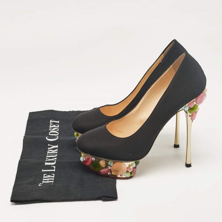 Pre Owned Charlotte Olympia Black Satin Dolly Platform Pumps Size 37.5