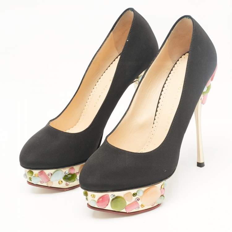 Pre Owned Charlotte Olympia Black Satin Dolly Platform Pumps Size 37.5