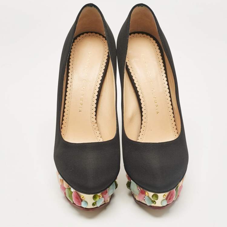 Pre Owned Charlotte Olympia Black Satin Dolly Platform Pumps Size 37.5