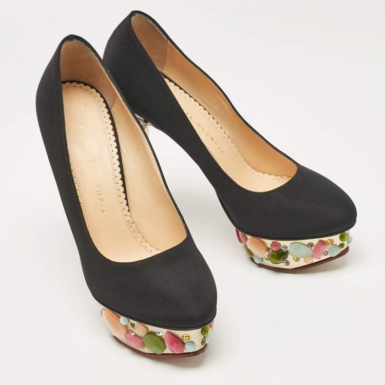 Pre Owned Charlotte Olympia Black Satin Dolly Platform Pumps Size 37.5
