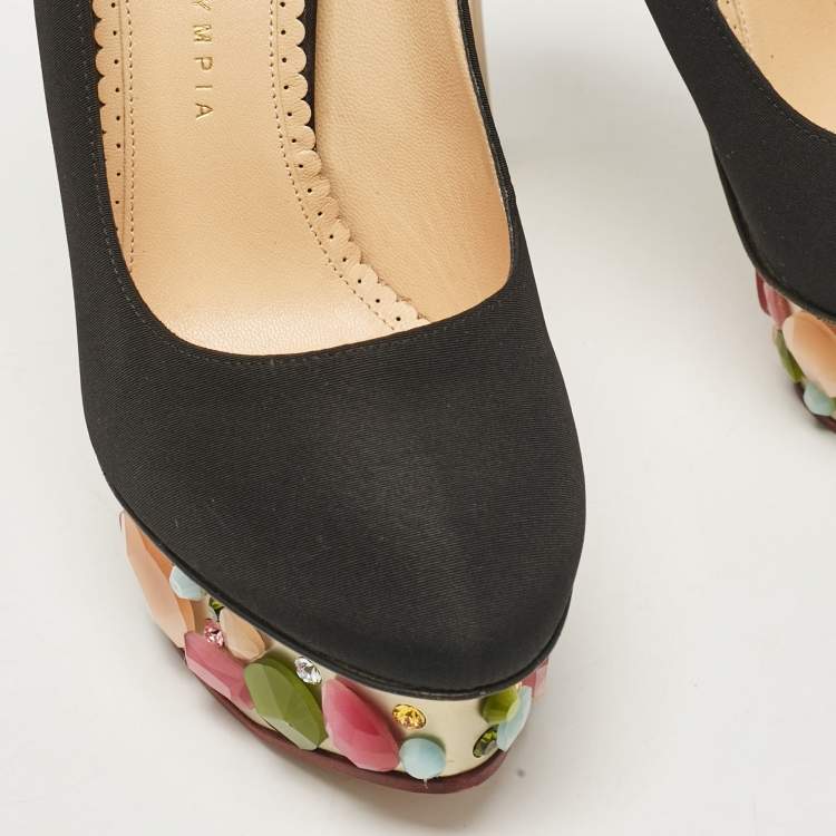 Pre Owned Charlotte Olympia Black Satin Dolly Platform Pumps Size 37.5