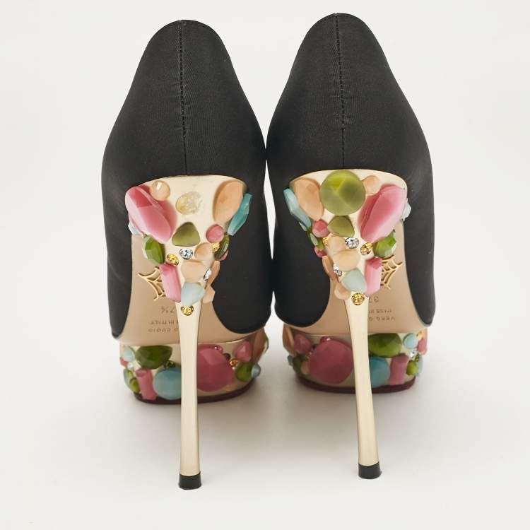 Pre Owned Charlotte Olympia Black Satin Dolly Platform Pumps Size 37.5