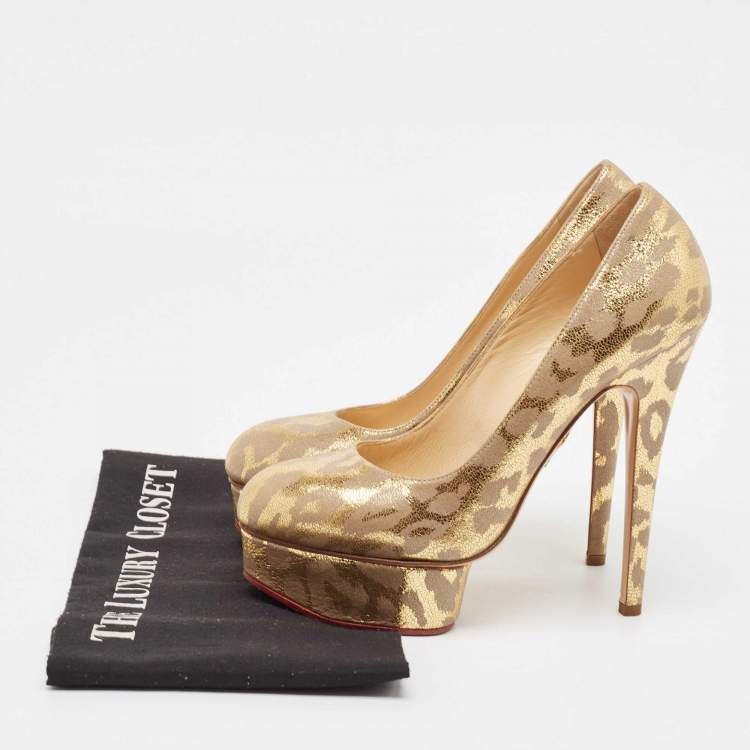 Pre Owned Charlotte Olympia Gold/Grey Leather Dolly Platform Pumps Size 37.5