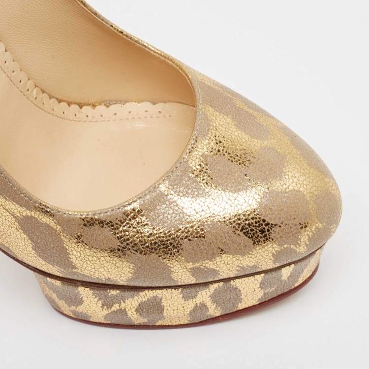 Pre Owned Charlotte Olympia Gold/Grey Leather Dolly Platform Pumps Size 37.5
