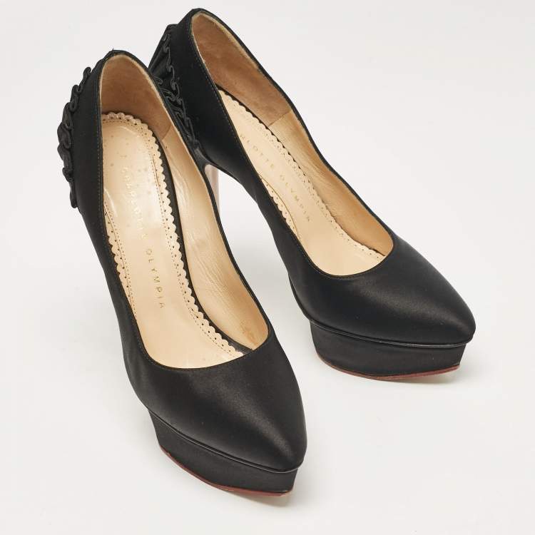 Pre Owned Charlotte Olympia Black Satin Paloma Platform Pumps Size 37.5