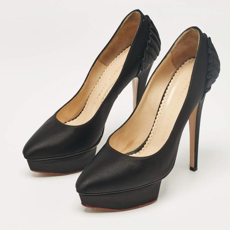 Pre Owned Charlotte Olympia Black Satin Paloma Platform Pumps Size 37.5