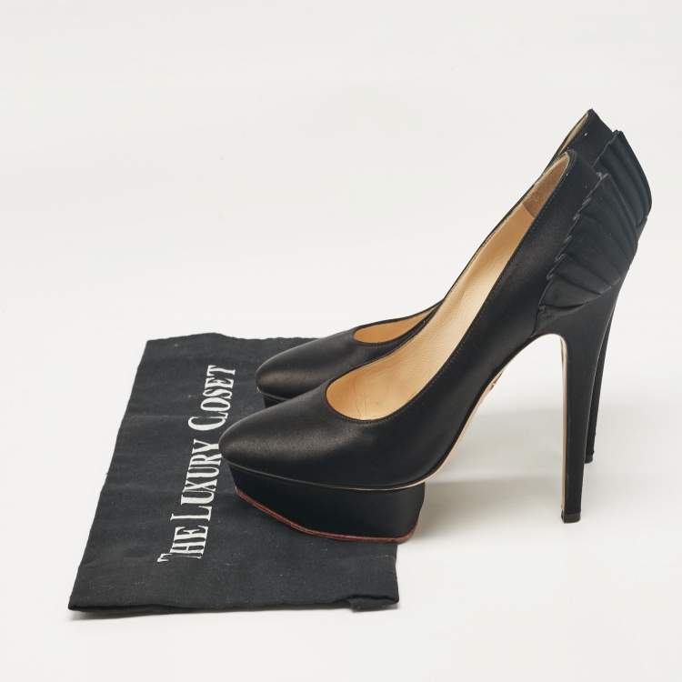 Pre Owned Charlotte Olympia Black Satin Paloma Platform Pumps Size 37.5