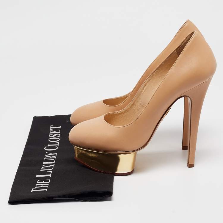 Pre Owned Charlotte Olympia Beige Leather Dolly Platform Pumps Size 37.5
