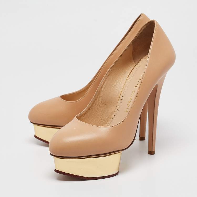 Pre Owned Charlotte Olympia Beige Leather Dolly Platform Pumps Size 37.5