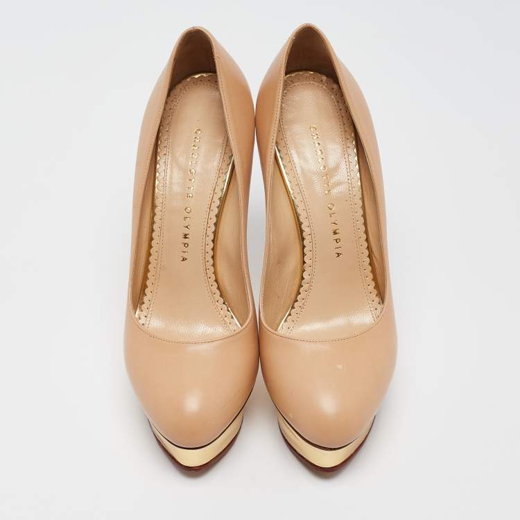 Pre Owned Charlotte Olympia Beige Leather Dolly Platform Pumps Size 37.5