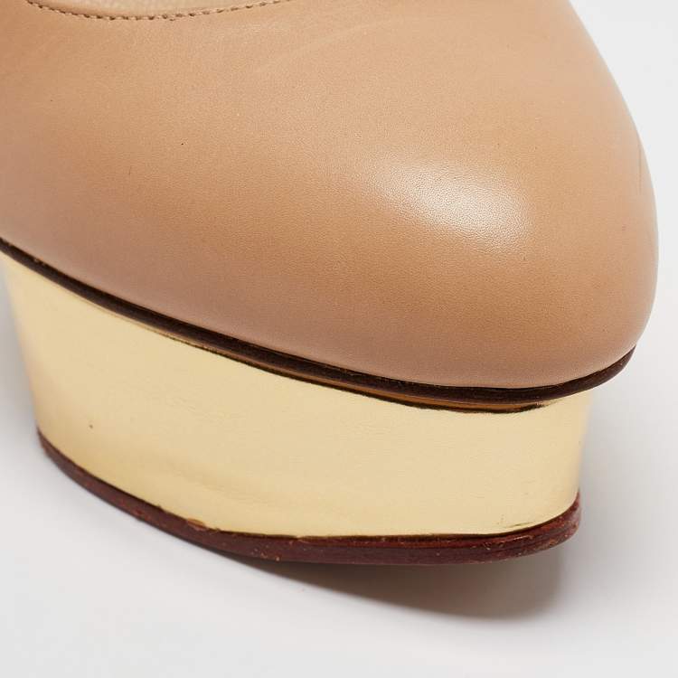 Pre Owned Charlotte Olympia Beige Leather Dolly Platform Pumps Size 37.5