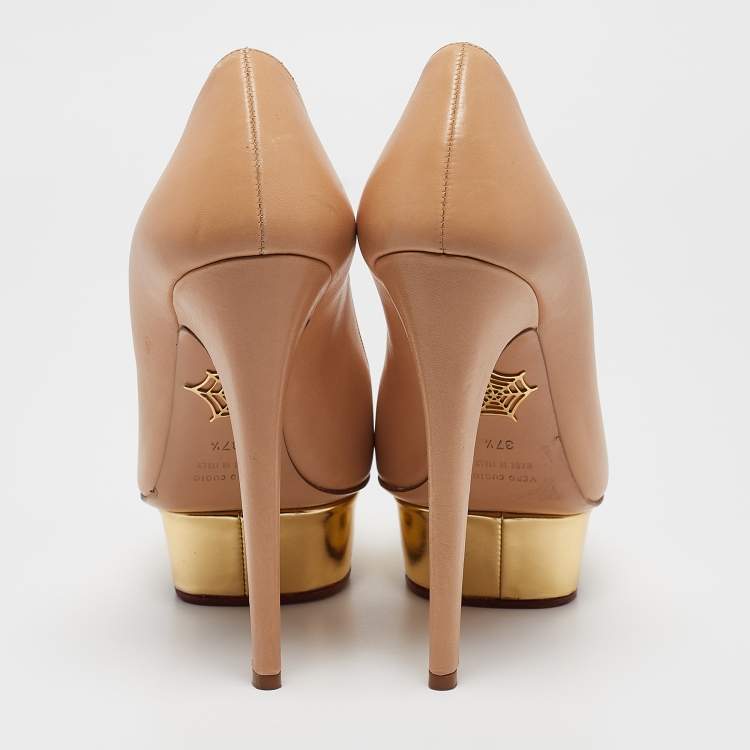Pre Owned Charlotte Olympia Beige Leather Dolly Platform Pumps Size 37.5