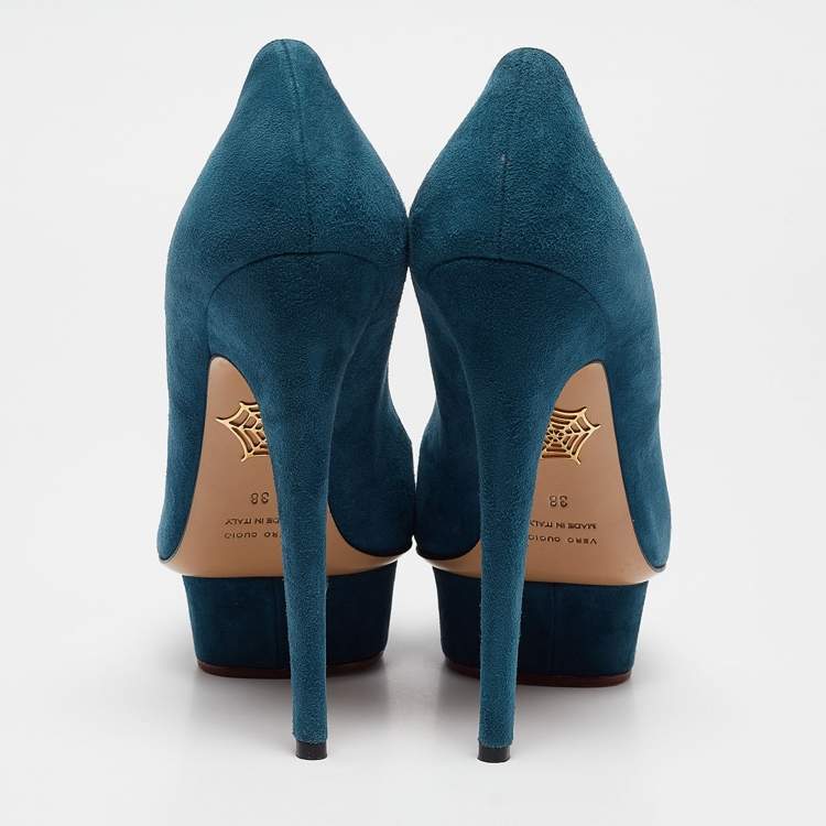 Pre Owned Charlotte Olympia Blue Suede Dolly Platform Pumps Size 38