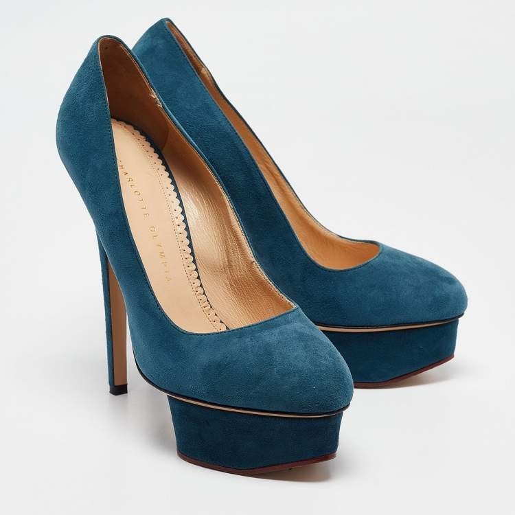 Pre Owned Charlotte Olympia Blue Suede Dolly Platform Pumps Size 38