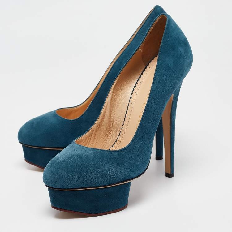 Pre Owned Charlotte Olympia Blue Suede Dolly Platform Pumps Size 38