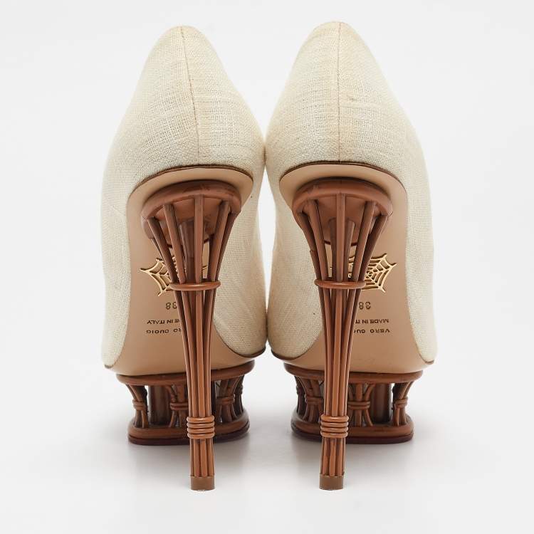 Pre Owned Charlotte Olympia Cream Canvas Rattan Dolly Platform Pumps Size 38